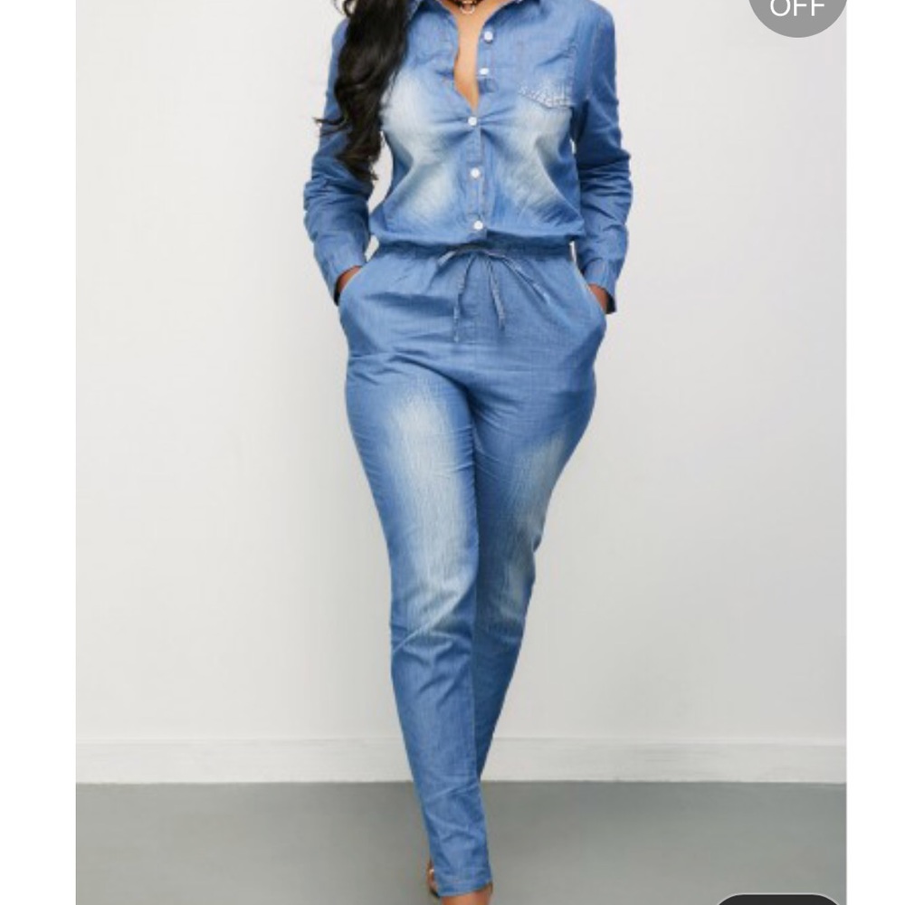 Denim jumpsuit with drawstring